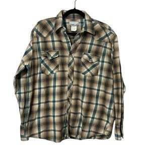 VTG Wrangler Wrancher pearl snap button up Flannel shirt western cowboy plaid XL